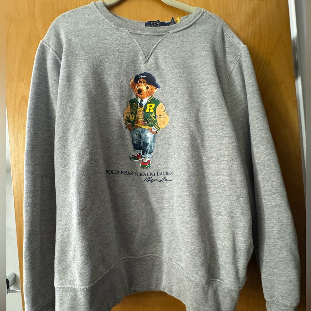 Ralph Lauren Gray Polo Bear Crewneck Sweatshirt with Varsity Bear Graphic